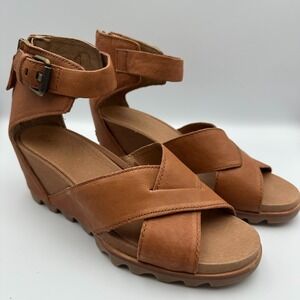 New StylSorel Joanie II Wedge Sandal Camel Brown Leather Back Zip Chunky Size 11